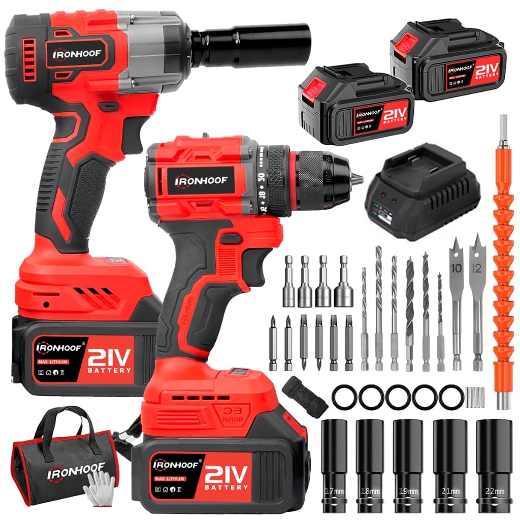 IRONHOOF Kit 2 Furadeira Parafusadeira e Chave De Impacto A Bateria Brushless 21V Sem Escova 4,0 Ah