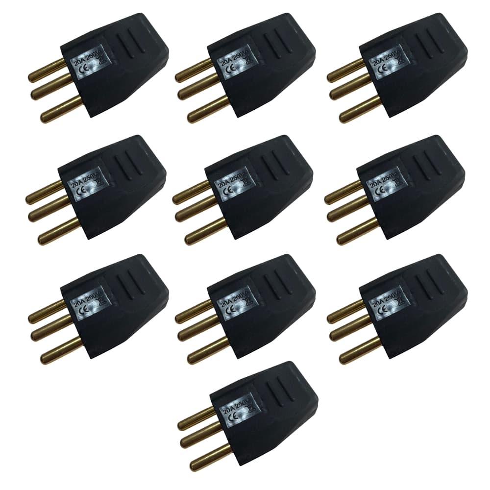 Plug Macho 20 Amper 180 Grau Preto 3 Pinos P/ Extensao 10 Pçs
