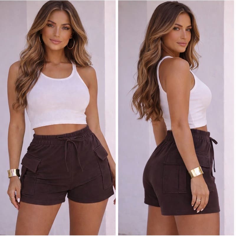 Short Feminino Cargo Cintura Alta com Elástico e Cordão Ajustável Bolsos Laterais Moda Confortável Casual Verão