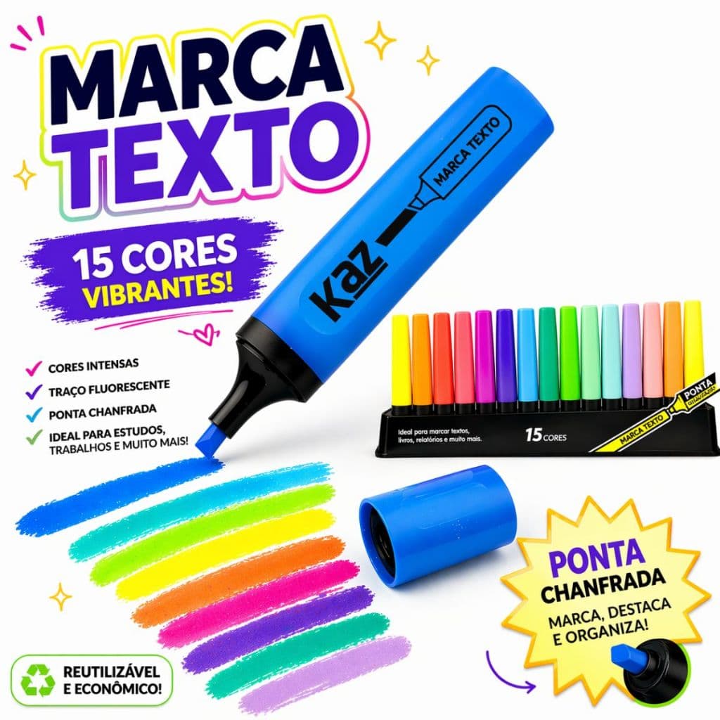 Conjunto 15 Marca Texto Cores Biblia Livros Revistas Marcador Ponta Chanfrada 1/2/3 Peças