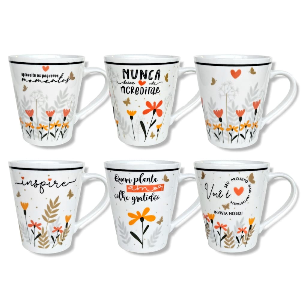 Canecas de porcelana brancas, decoradas, cônicas, 290 ml, xícara, café, chá, Col1-Floral - 6 canecas