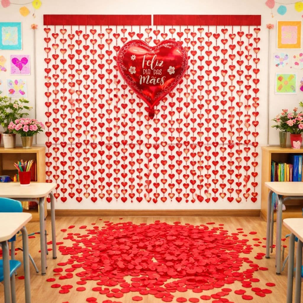 Kit Decoração Dia das Mães 2 Cortinas Coração + 1 Balão Coração Grande + 500 Pétalas