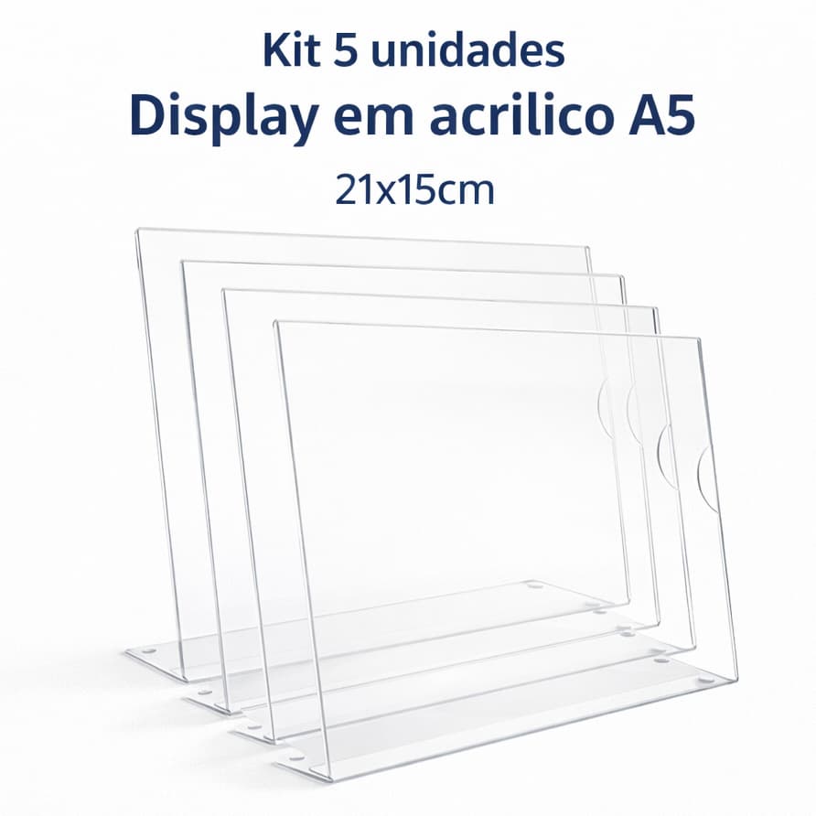 Display Expositor Em Acrílico A5 Horizontal Kit 5 Porta Folha Em L Transparente Mesa Multiuso