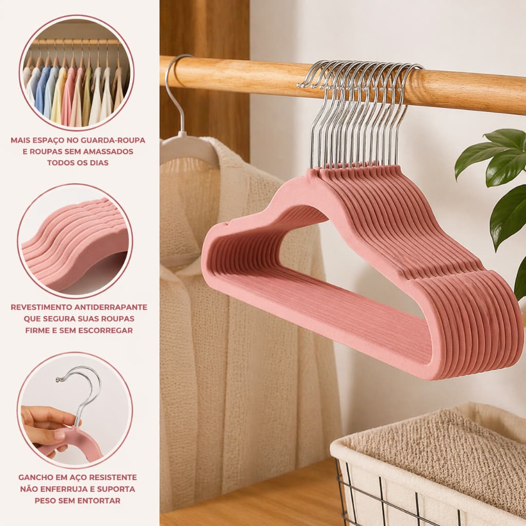 Kit Cabides De Veludo Antideslizante Para Closet Guarda Roupa Organização Achadinhos