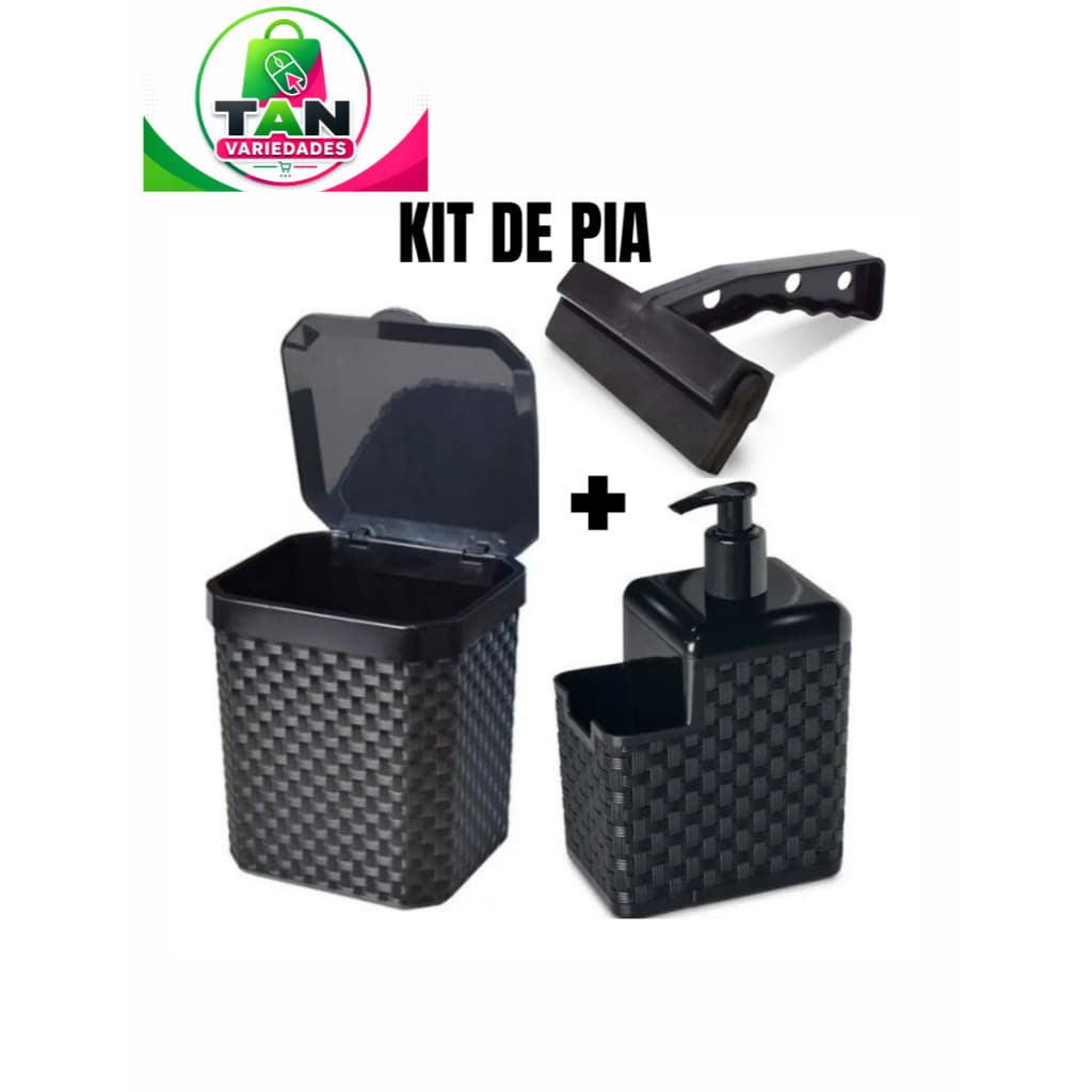 Kit Pia Rattan 3 Peças Lixeira 5L Preta Com Tampa Porta Detergente Esponja E Rodo Pia