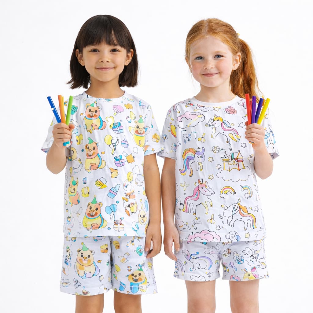 Conjunto Pijama Infantil Menina de Colorir + 6 Canetinhas - Pijama Pintar e Lavar Feminino