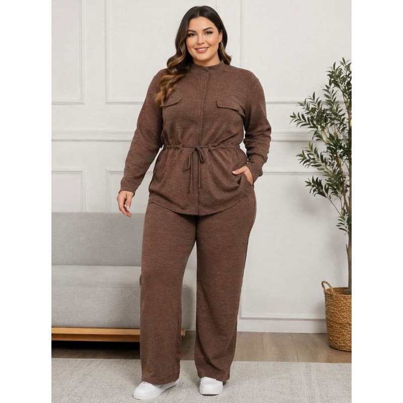 Conjunto Feminino Lanzinha 2 peças calça e jaqueta de zíper com elástico amarrar Outono inversão quentinho plus Size
