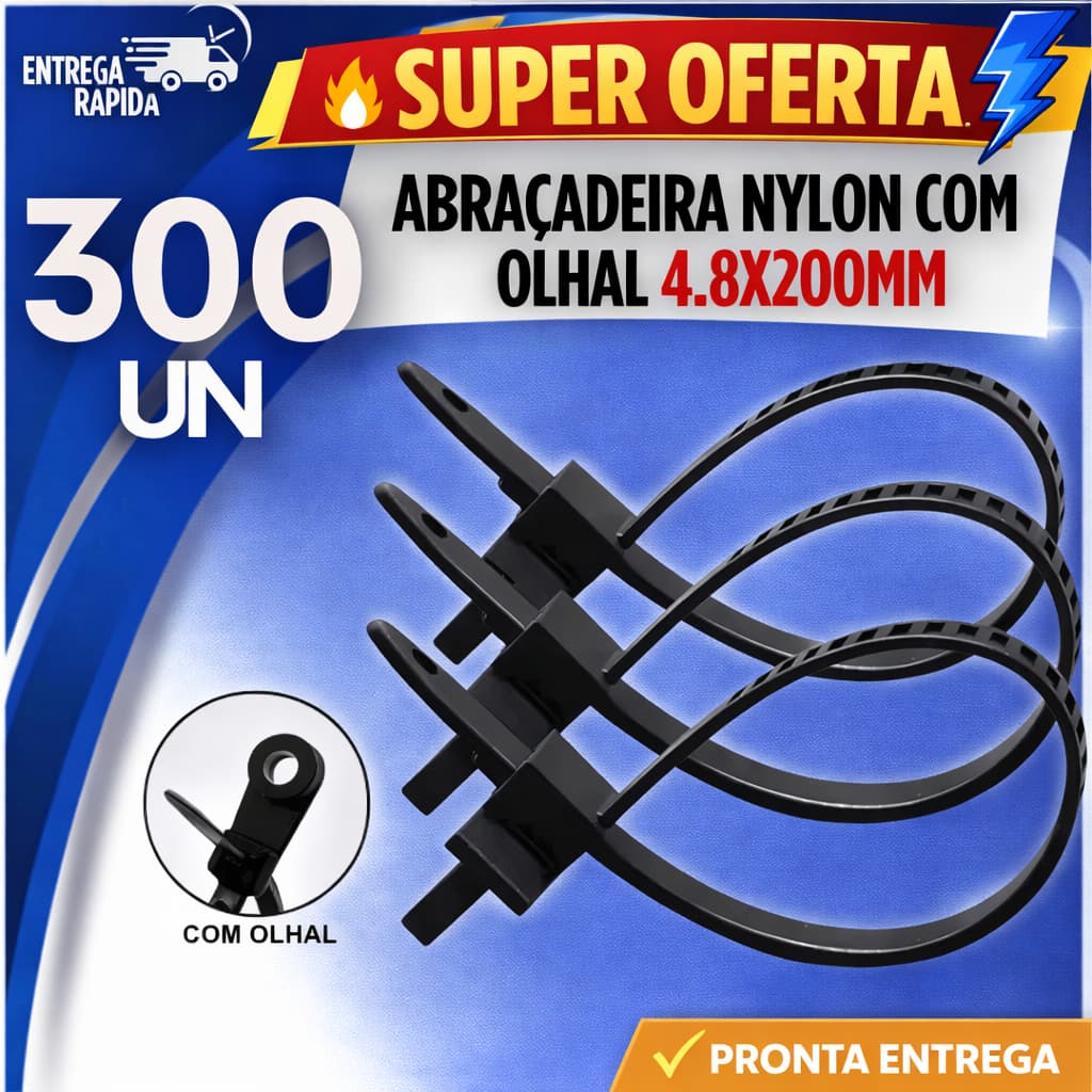 CONJUNTO 300 ABRAÇADEIRAS NYLON 4,8X200MM PRETA ENFORCA GATO COM OLHAL CINTA PLÁSTICA REFORÇADA MULTIUSO FIXAÇÃO RESISTE