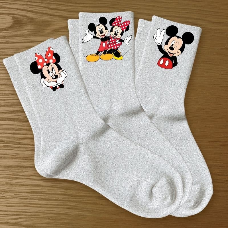 Kit 3 Meias Brancas Femininas Mickey Minnie Confortáveis Algodão Alta Qualidade Novidade