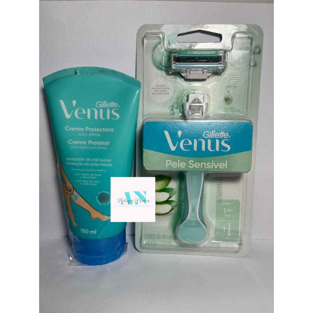 Kit Gillete Venus. O kit contém 1 Creme Protetor de 150mL + 1 Gillete para pele sensível (cabo + refil)