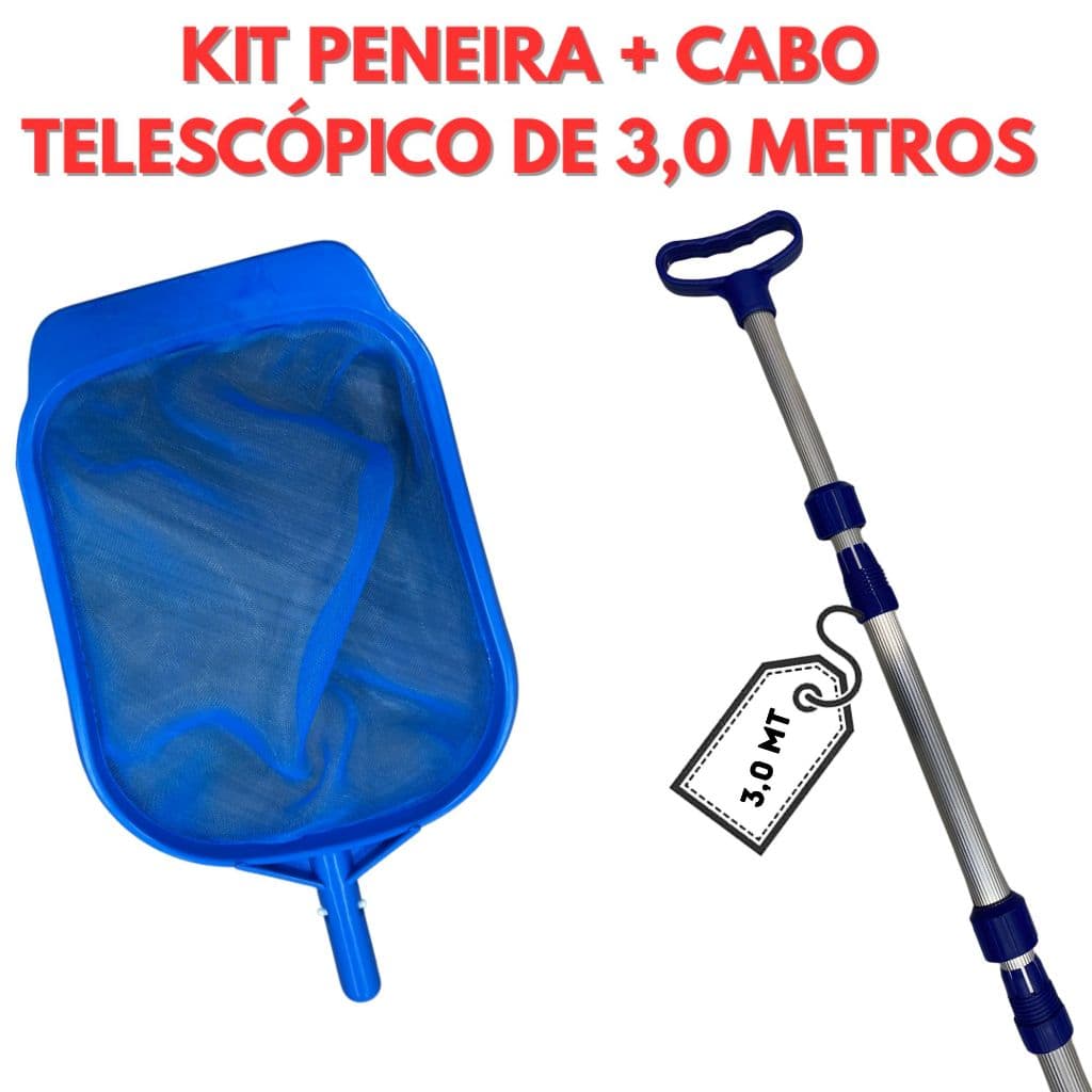 Kit Peneira Plástica + Cabo Telescópico 3 Metros Para Limpeza de Piscinas