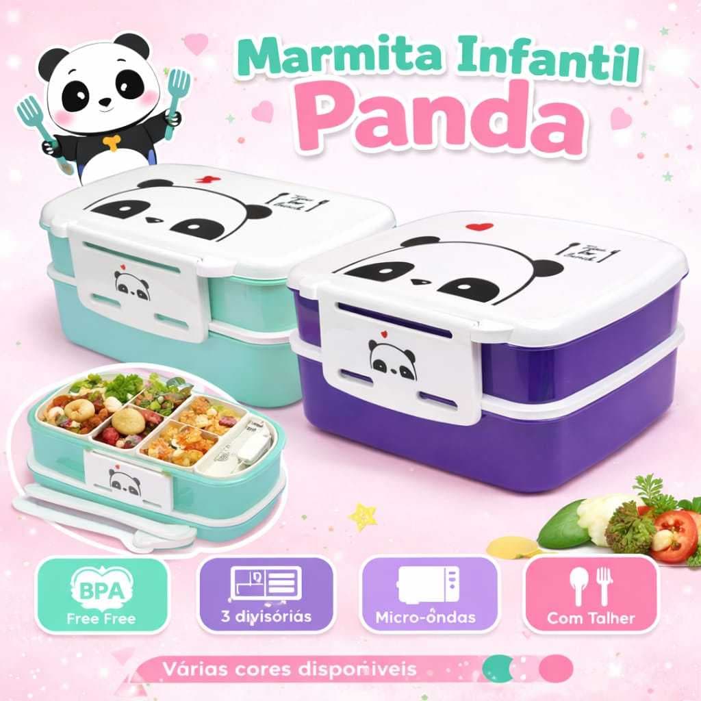 Lancheira Infantil Escolar Coloridas Panda C/talher Tampa com Trava