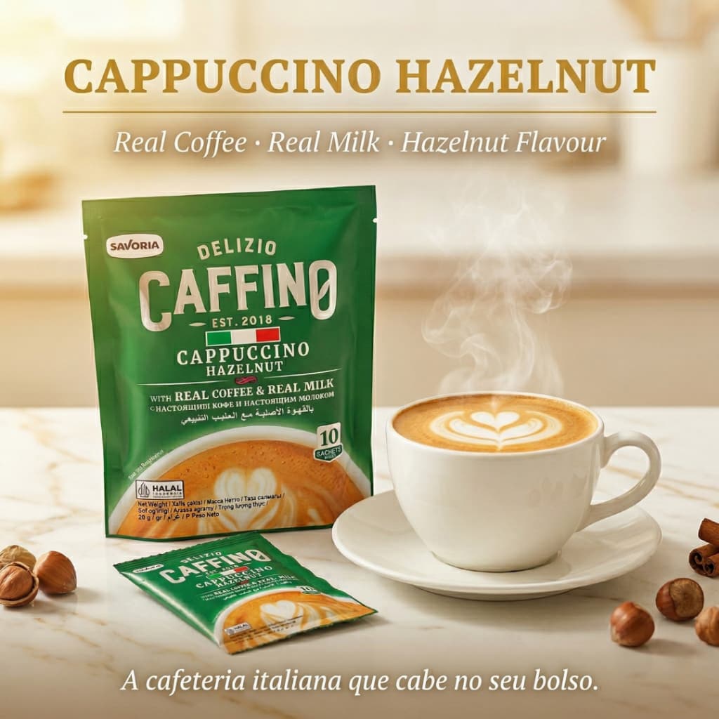 Cappuccino Premium Importado Indonésia Pacote c/ 10 Sachês Caffino Hazelnut Avelã Cremoso