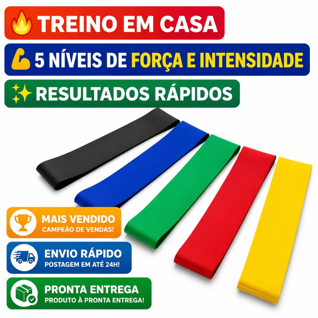 KIT 5 FAIXAS ELÁSTICAS ORIGINAL 🔥 Treino em Casa | Academia | Glúteo e Perna | 5 Níveis