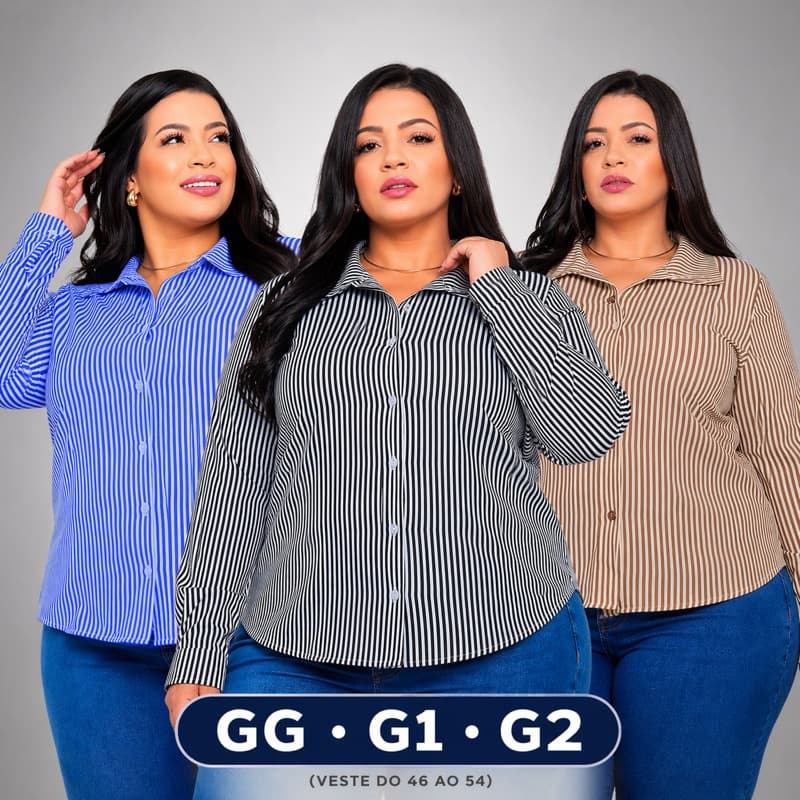 Camisa Feminina Plus Size Listrada Manga Longa em Crepinho – Leve, Elegante e Confortável do GG ao G2