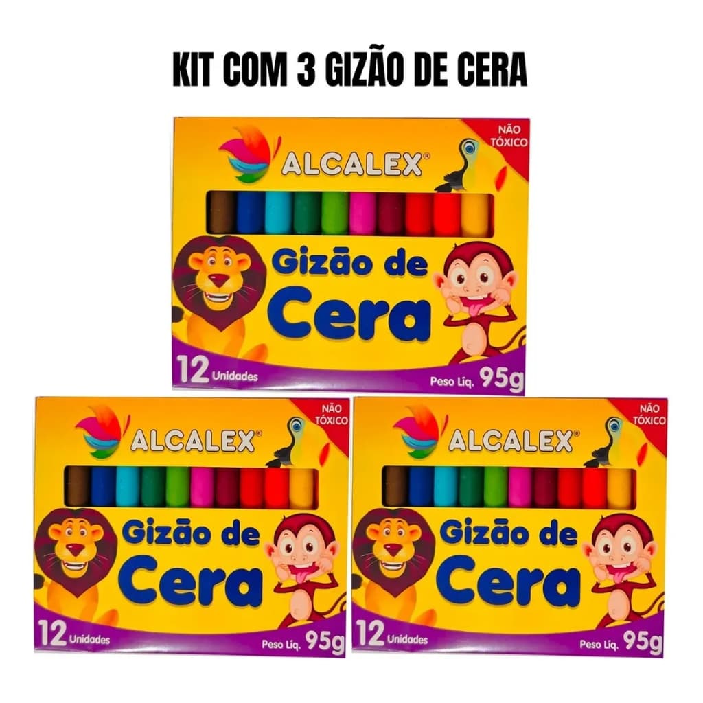 Kit 3 Gizão de Cera Alcalex com  12 cores