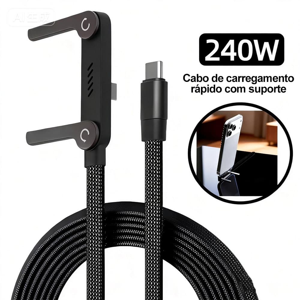 Cabo E Suporte Dobrável 2 Em 1 De Carga Rápida De 240 W Para Telefone Tablet Tipo C
