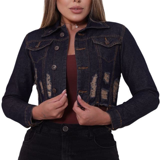587 - Jaqueta Jeans Cropped Premium – Lavagem Escura com Destroyed
