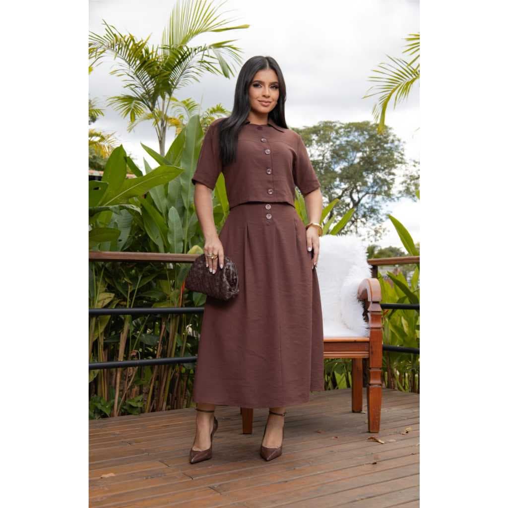 Conjunto Lidia Feminino Moda Casual Elegante com Saia e Blusa Manga Curta
