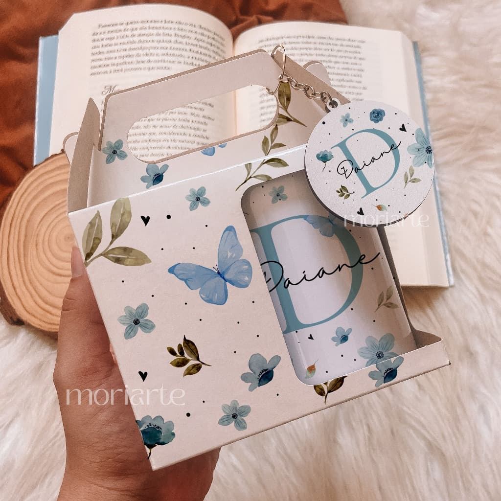 Presente feminino criativo, Caneca personalizada com nome + chaveiro e caixa presente, presente para amiga, flores azuis