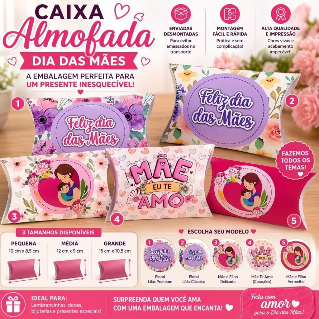 Kit Com 5 Caixas Almofada Personalizada – Dia das Mães -ideal para para mimos, brindes, joias, bijuterias, balas