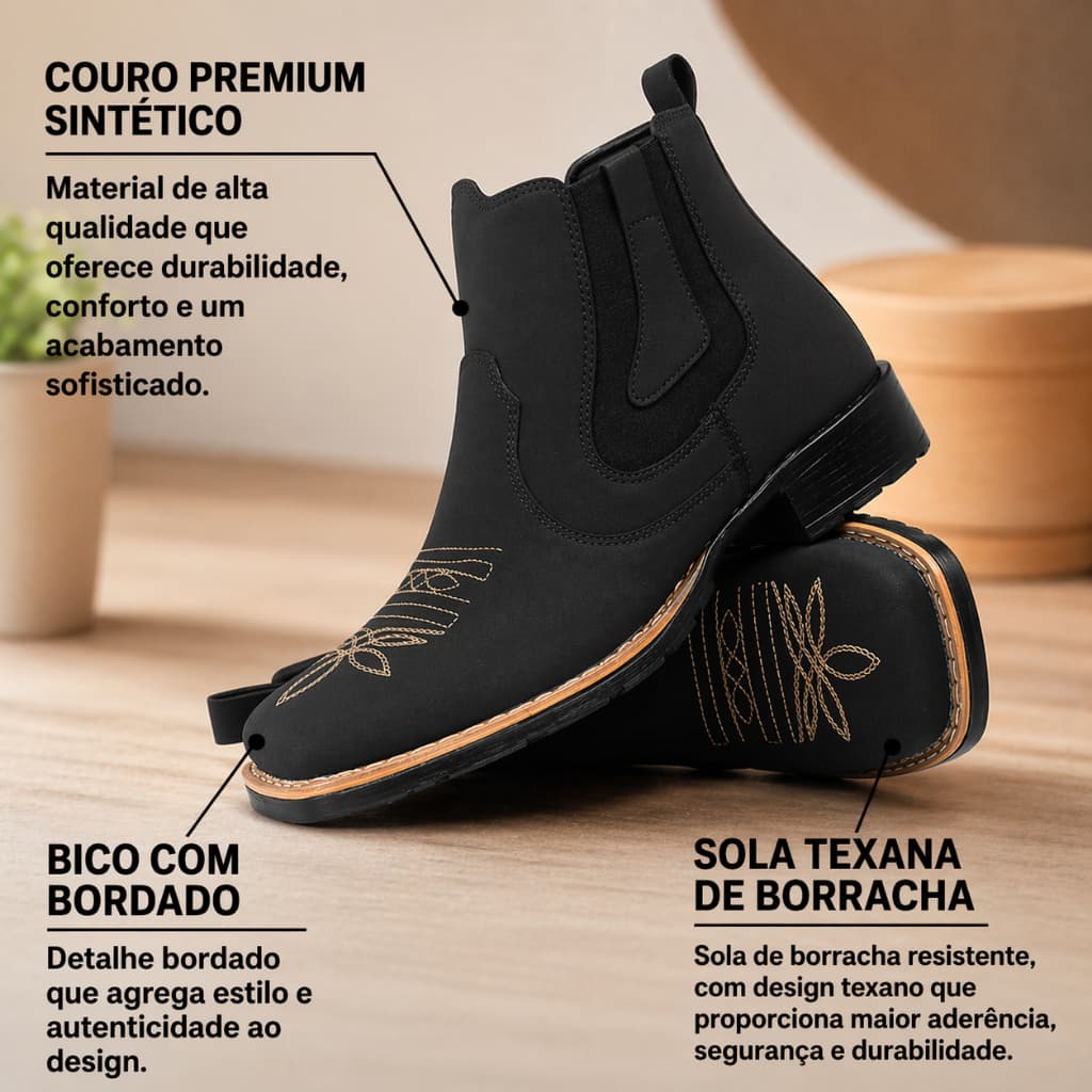 Bota Bordada Estilo Country Botina Fazenda Couro Eco Ranch Sola Borracha Festa Peão