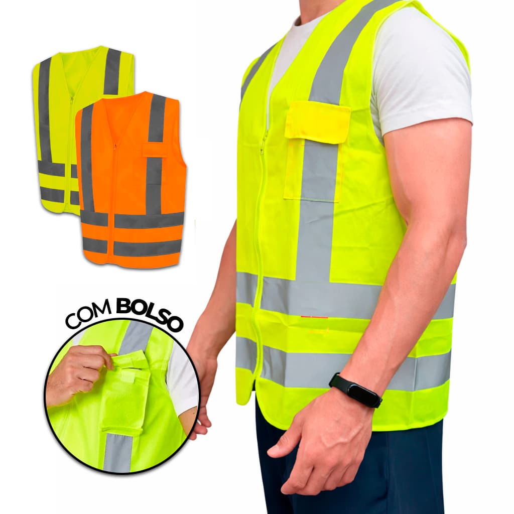 Colete Refletivo Segurança Sinalização Obra Transito Blusão Amarelo/Laranja Fluorescente com 1 Bolso