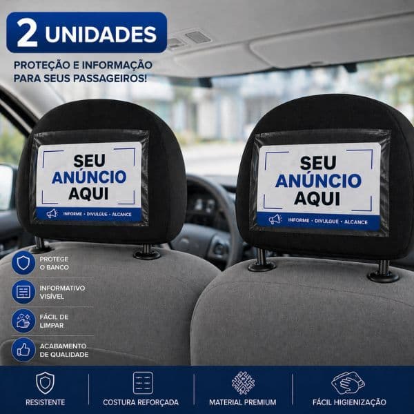 Kit 2 Capas para Cabeceira Veicular com Visor para Informativo, Propaganda ou Celular - Incluso 3 Cards Informativos