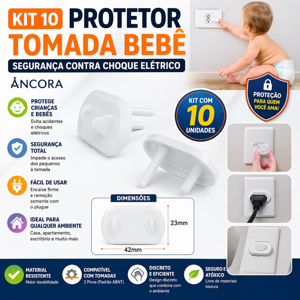 Kit 10 Protetor Tomada Bebê Segurança Contra Choque Elétrico - Ancora