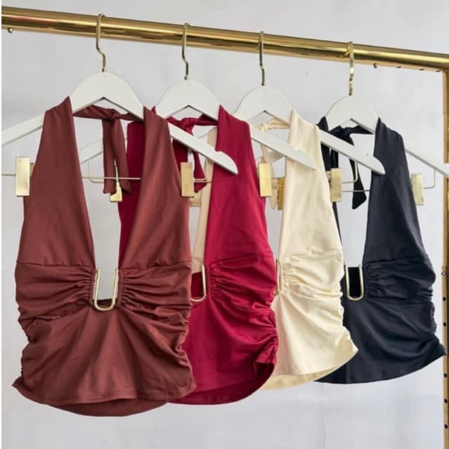 Blusa Top Feminino Com amarração Decote Detalhe Drapeado Forrada fivela dourada Tendência 2026 outubro inverno