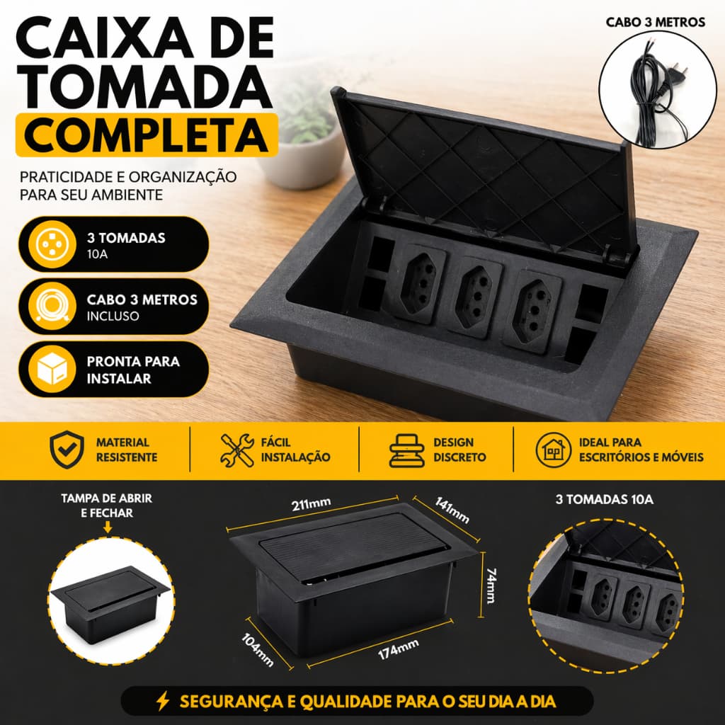 Caixa de Tomada para Mesa Embutida 3 Tomadas 10A com Cabo 3 Metros Organização de Cabos Escritório