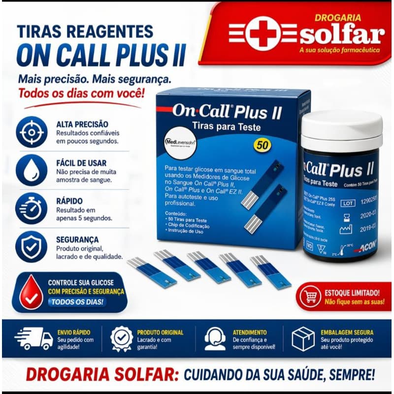 TirasTiras Reagentes On Call Plus II | Teste de Glicose Rápido e Preciso | Original | Drogaria Solfar