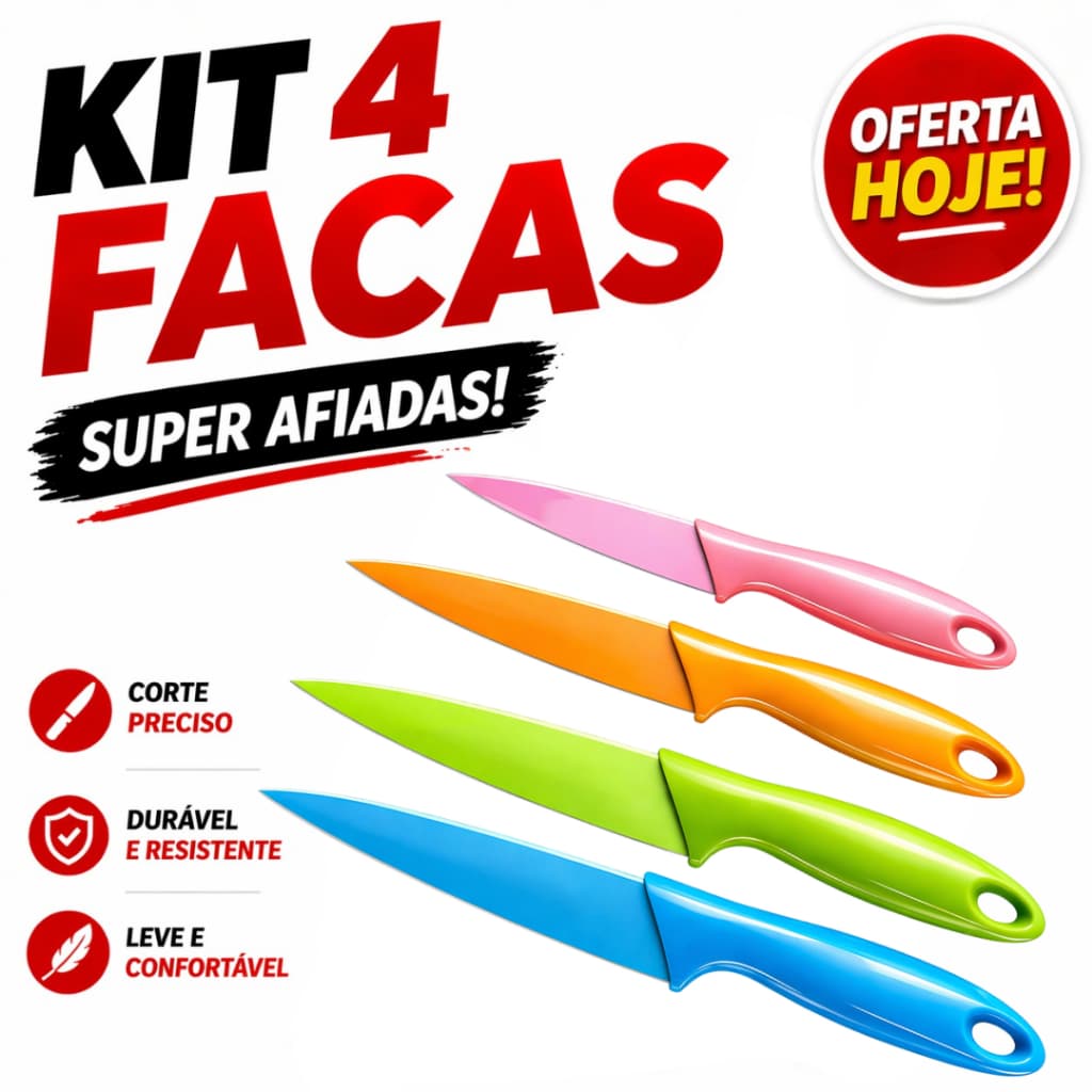 Kit 4 Facas Coloridas Super Afiadas Corte Fácil Cozinha