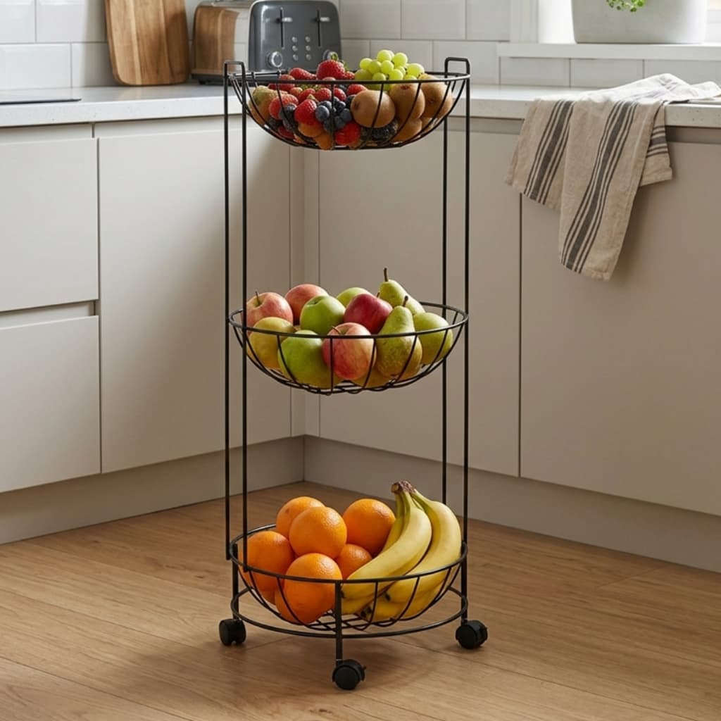 Fruteira de Chão 3 Cestos Fruteira de Cozinha Aramada Carrinho Organizador