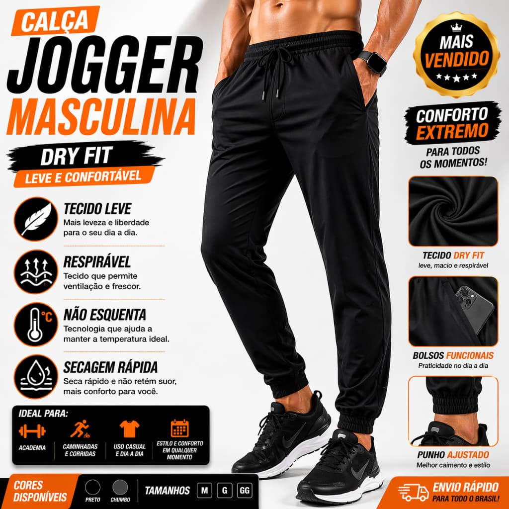 Calça Jogger Masculina Dry Fit Tactel Leve Confortável Academia Treino Dia a Dia Estilo Top