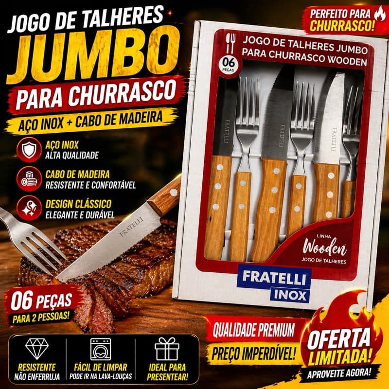 Kit Talhares Churrasco Madeira e Aço Inox 6 Peças BBQ Churrasqueira Copa 2026