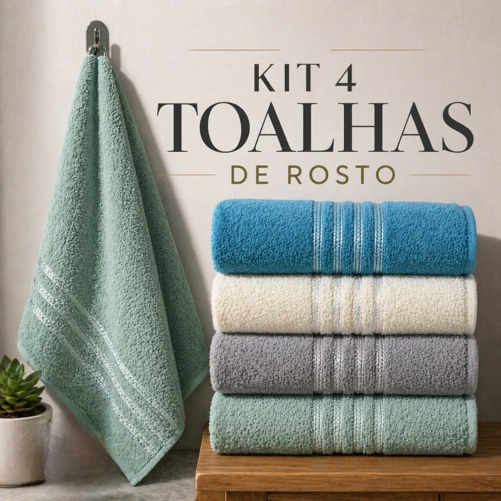 Kit 4 Toalhas De Rosto Grandes 47x70cm 100% Algodão Toalha Lavabo Felpuda Macia Toalhinha Social de Mão Atacado