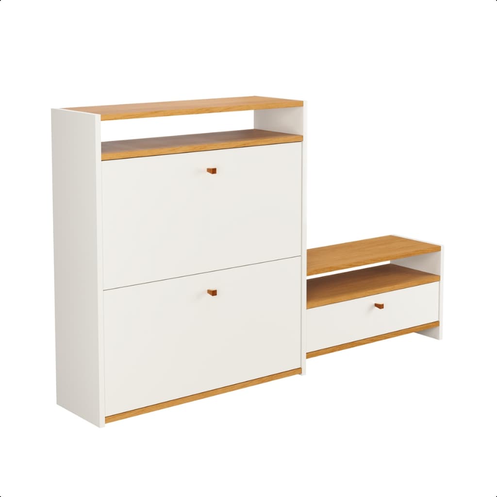 Sapateira com Banco 2 Gavetas Multiuso Off White com Madeira 120cm – Organizador de Calçados