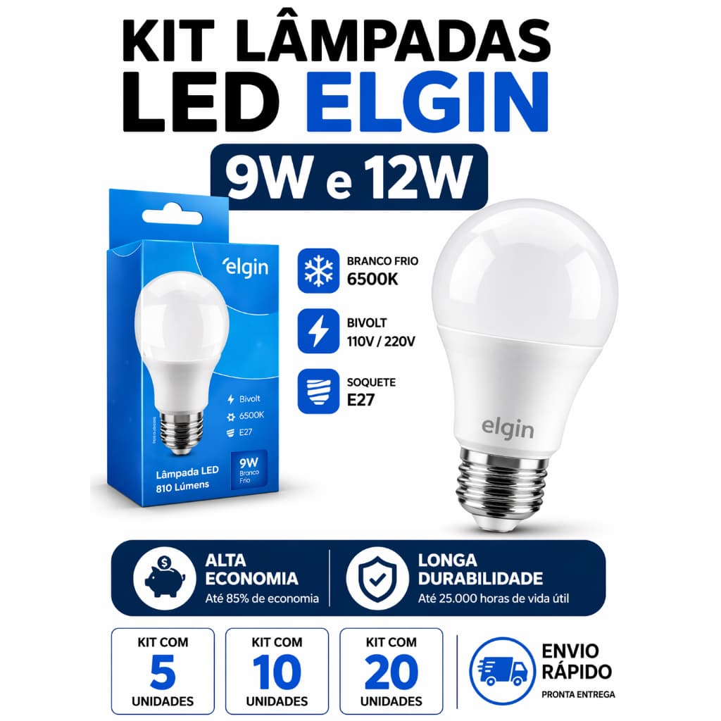 Kit 5 10 20 Lâmpadas LED Elgin 9W 12W Branco Frio Bivolt E27 Econômica Alta Durabilidade