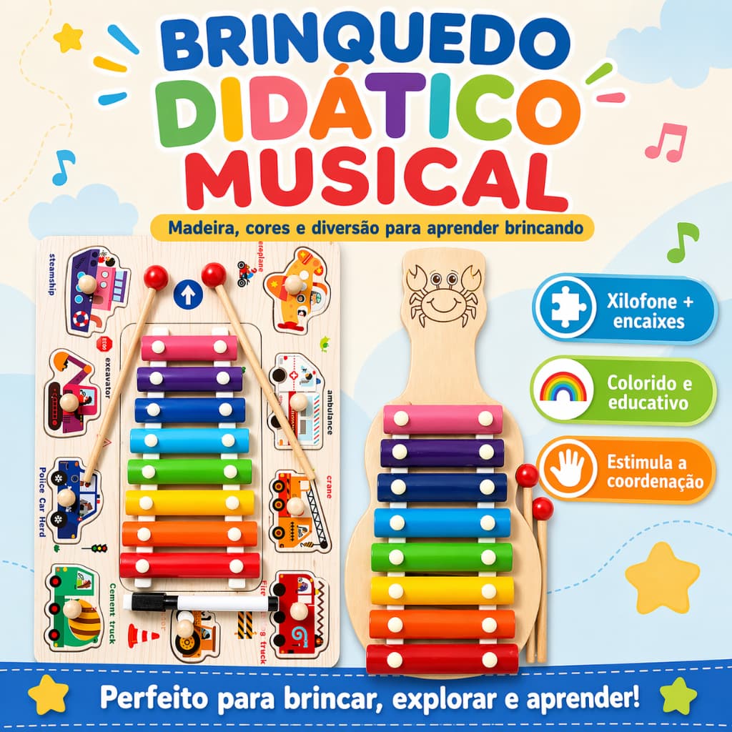 Xilofone 8 Notas com Lousa Magica e Encaixes Didáticos