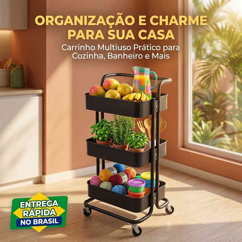 Carrinho Organizador Multiuso Laterais Aço 3 Prateleiras Carbono Rodinhas com Freio,Design Elegante e Alta Durabilidade