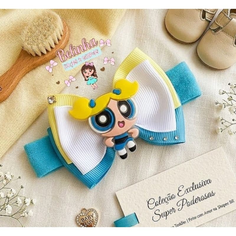 Faixinha Bebê Menina Meninas Super Poderosas Azul Luxo Laço Infantil Delicado Newborn