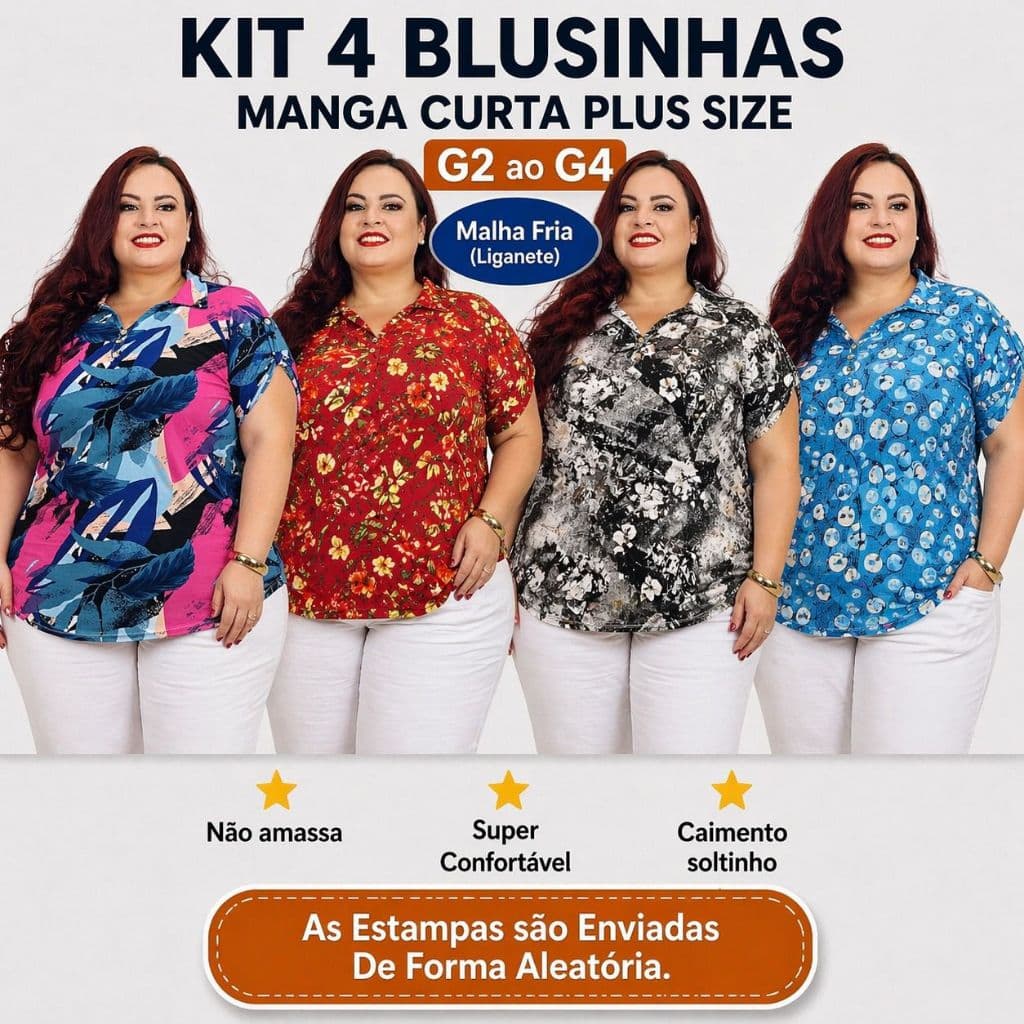 Kit 4 Camisas Polo Feminina Plus Size G2 ao G4 Malha Fria Confortável Caimento Soltinho Envio Imediato