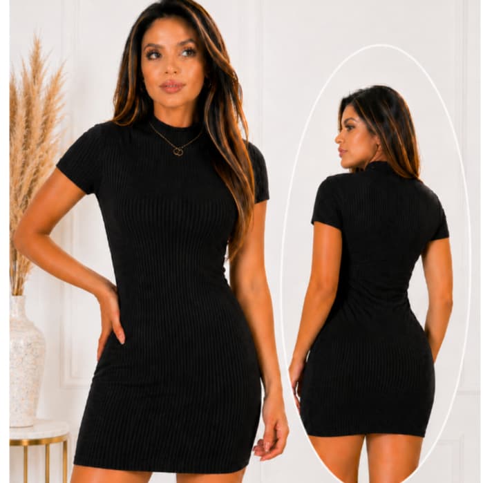 Vestido Canelado Curto Tubinho Gola Alta Feminino Justo – Manga Curta, Confortável, Modela o Corpo