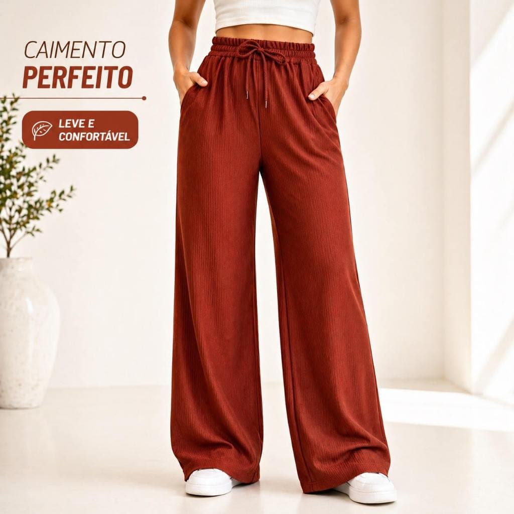 Calça Feminina Pantalona Canelada Com Bolso