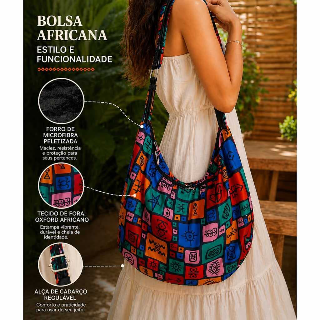 Bolsa Feminina Grande Estampada Oxford Africano e Shoulder Bag EcoBag 40cm com Alça Regulável Modern