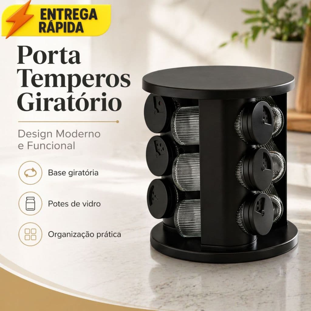 Porta Tempero Condimentos Giratório com 9 Potes de Vidro Preto 360 Graus com Tampa Dosadora