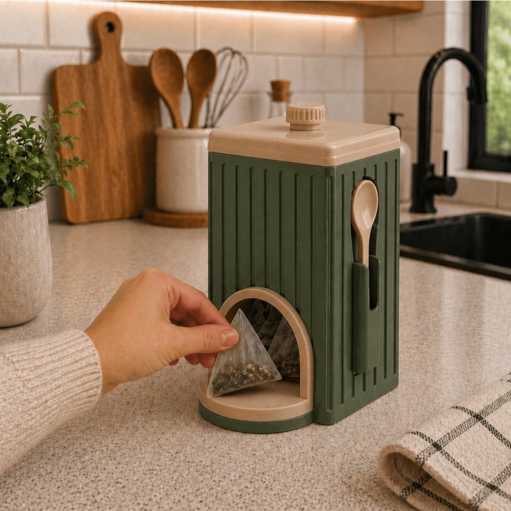 Porta Sachê de Chá Organizador Moderno - Dispenser Com Colher e Tampa