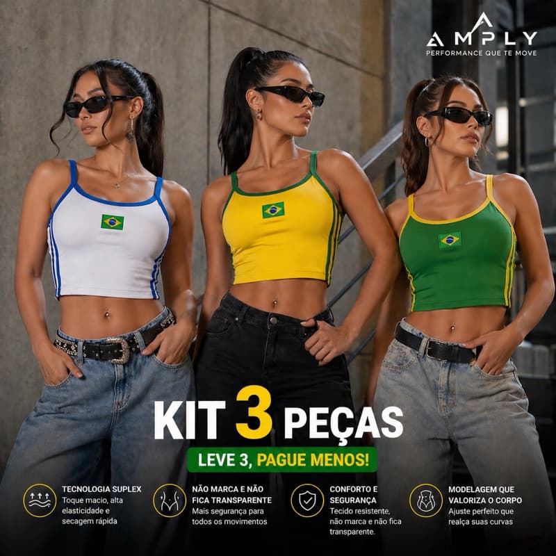 Kit 3 Blusas Femininas Fitness Suplex Copa Brasil | Cropped Top Academia Premium P M G GG