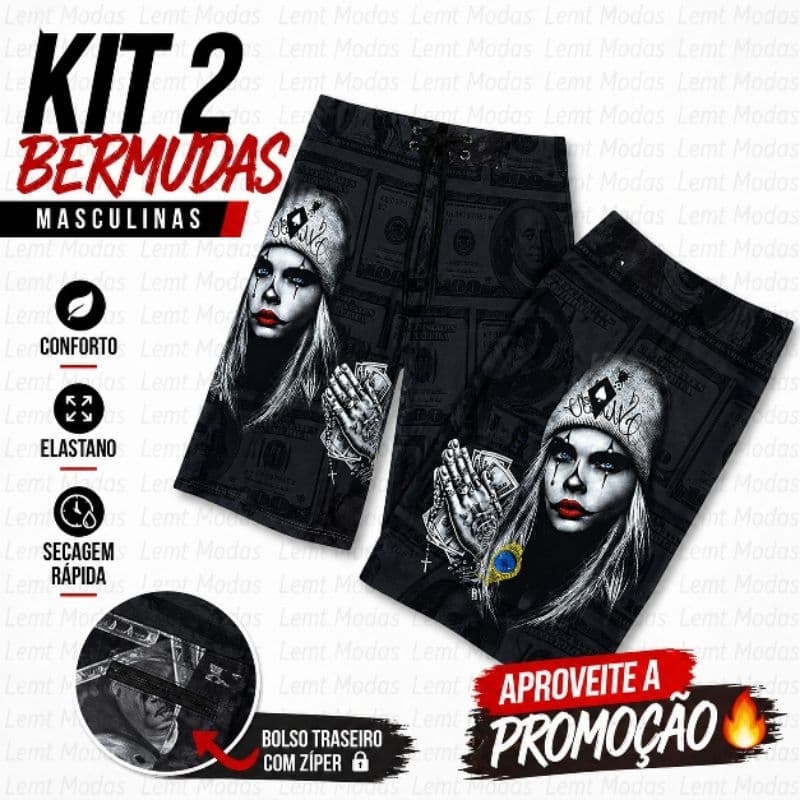 KIT 2 Bermudas Masculinas Elastano 🔥 Confortáveis | Secagem Rápida | Bolso com Zíper